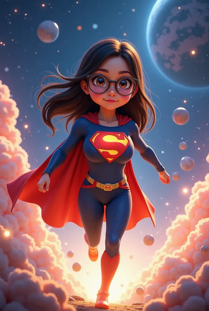 A vibrant 3D cartoon scene in deep space showing a young Asian girl with round glasses and long black hair transforming into a female Superman. She's wearing the iconic Superman suit with a flowing red cape, the classic 'S' symbol prominently displayed on ...