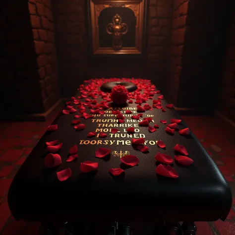 In a BDSM dungeon setting there are roses and rose pedals all over a massage table. Written on the table "Screw the Roses – Give Me The Thorns"