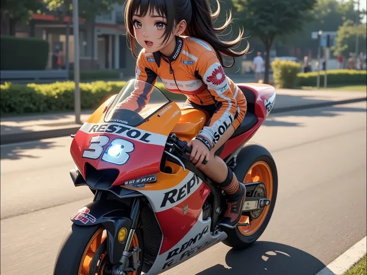 A high school girl is riding a Honda 　repsol 　 MotoGP ,  matte brown skin ,  big breasts, video, black hair, Tying a bun, invitation,  top quality,  textured skin,  thin legs 、  High Heels、  movie light effect,