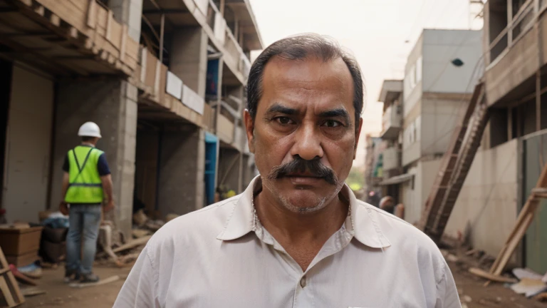  create a realistic picture of a 50-year-old father of umar ,  with thick mustache and sharp eyes using project attributes, was scolding his employees at the project site .