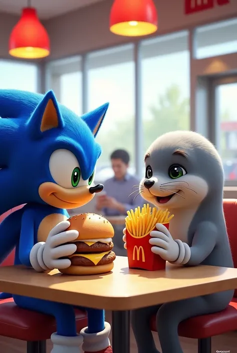 Hi, take a picture where Sonic and the Seal are sitting in McDonald's and eating burgers