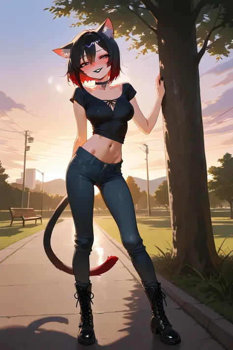 Cute catgirl, tail, beautiful, sexy, park at sunset, choker, ((horny)), ((natural breasts)), (((skinny))), pelvis sticks out, collar bones, full face blush ,black loose pants,,full body visible, loose black blouse, masterpiece, best quality, amazing qualit...