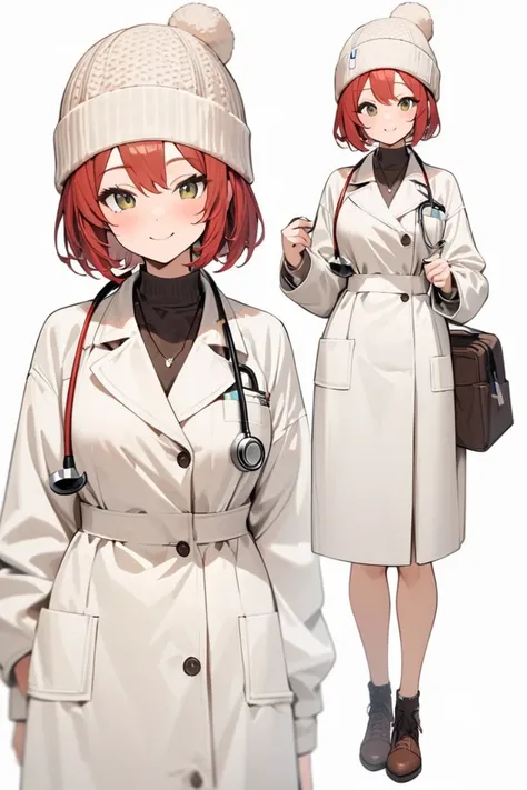 (( top quality)), (( Masterpiece)), ( Details),  1girl ,  cute,  red hair ,  short hair, White, doctor, ((whole body)),  knitted hat,  cute, smile, White Coat,  stethoscope, front