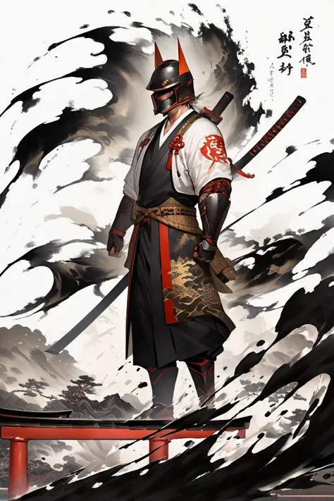       black and white painting      ,Ink painting,    Heavy splashes of ink floating in the sea of ink  ,    cool face from a popular anime  、 A cool Japanese heavy armored, muscular warrior with a helmet 、  Torii with platinum background   、  expressed by...