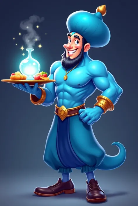 Create a modernized, friendly genie mascot that represents quick solutions, making life easier, and fulfilling wihes for customers deliveries. The genie should have a sleek, clean design with a glowing, soft aura to symbolize magic and speed. The genie sho...