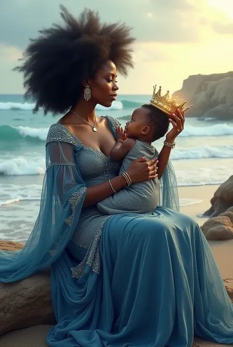 Black afro woman in blue and silver dress,with her son in her lap holding a golden crown on a rock on the beach 