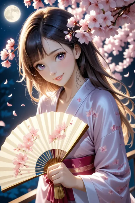  the mountain of weeping cherry blossoms shines like a quiet atmosphere at night、One young beautiful woman illuminated by the full moon、 a silk folding fan、While exposing the palm of a human hand 、 the right hand of a person gently holding a silk folding f...