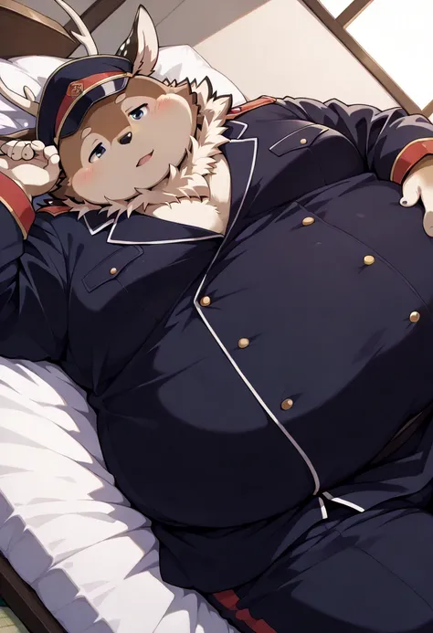  Masterpiece,  top quality,   great quality,  dynamic angle,  Dutch Angle, abstract bachairground, break
solo, male, hair@sister @,  furry , deer, antlers, Brown body, overweight, Fat, obesity,  big stomach,   MILITARY UNIFORM,  cap, break（  1st boy on top...