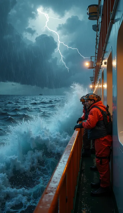 A modern cargo ship caught in a violent storm, massive waves crashing against the hull. Crew members in waterproof jackets and safety harnesses struggle to hold on, faces filled with fear. Dark storm clouds loom overhead, lightning streaks across the sky, ...