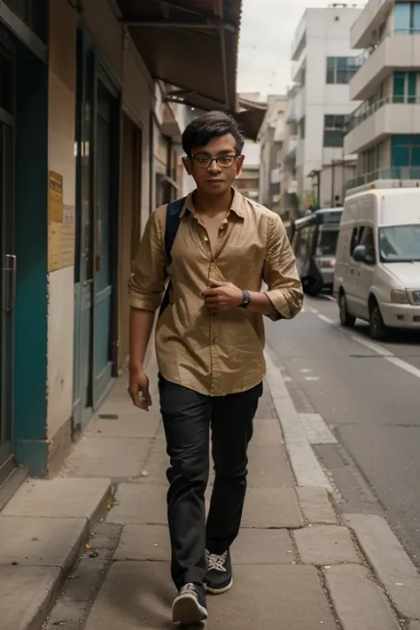 a young man, ethnic Indonesian wearing glasses, walking with a giant lion on the sidewalk