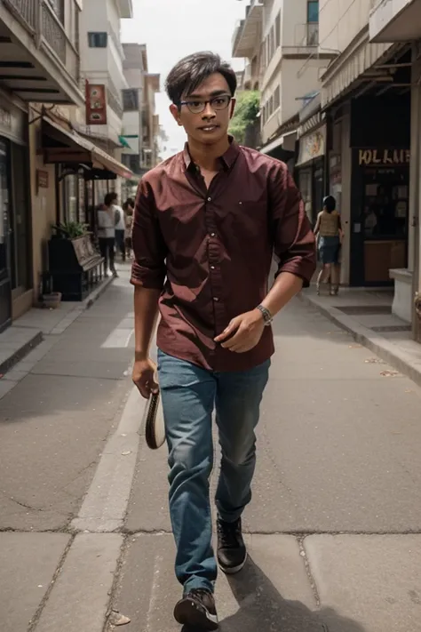 a young man, ethnic Indonesian wearing glasses, walking with a giant lion on the sidewalk