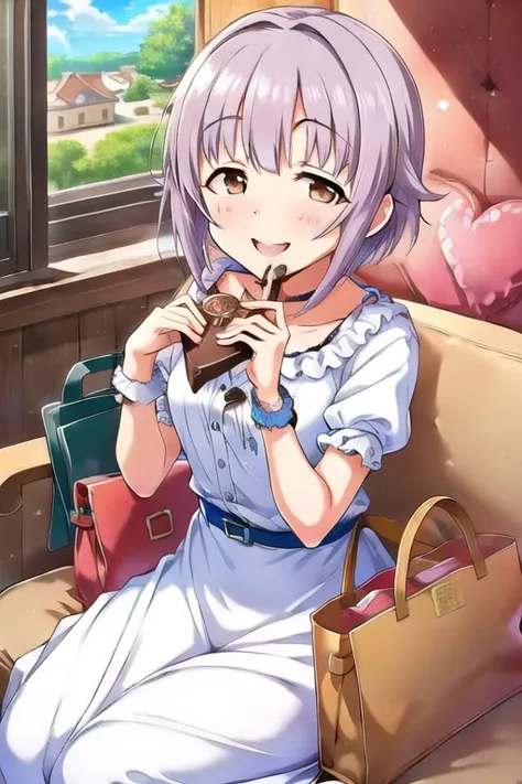 ( masterpiece),Sachiko Koshimizu,  short hair,  purple hair,  brown eyes,  1 girl,  above Decorati has , Alone, bag,  dress, sun  above Decorati has , smile,  sitting,   jewelry,  bench,  open your mouth,  bracelet, valentine, chocolate,