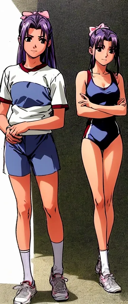  On the left, Momoko Koigakubo, in a gym suit with beautiful legs and a dark blue bra, is standing with a smile。A young female student in everyday clothes is standing on the right with a smile 。 high image quality。