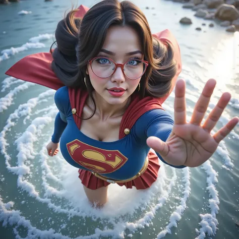 BLUE EYES, HAIR IN A BUN, RED GLASSES. A professional cosplay portrait of a young Asian woman in a stylized 1984 Supergirl costume, wearing sophisticated glasses, natural makeup with red lipstick, and styled long black hair. The costume features a blue top...