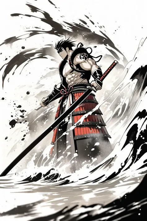     black and white painting    ,Ink painting,   splashes of water floating in the sea,  cool trendy anime face　 Muscular Onimusha Samurai、Japanese Armor、White background 　