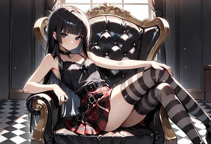 ((masterpiece, best quality, ultra detailed, high resolution, beautiful detailed face, beautiful detailed eyes, perfect hands)), (1 woman, solo), (black very long hair, straight hair, blunt bangs), (turime:1.3), (goth punk, camisole, red checked skirt with...