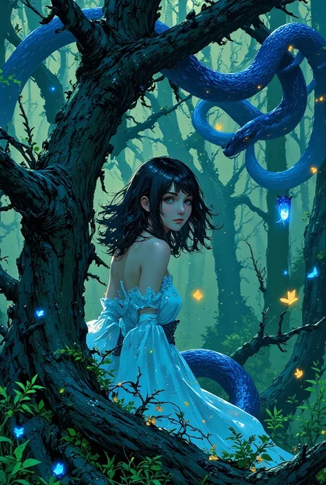 1girl, intricate detailed background of Thorns, glowing blue flower, breast,Tied to the roots of a tree, enermous blue Python snake with horn,