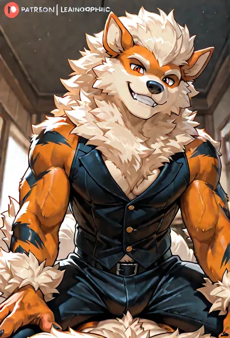 Solo, male arcanine (fluffy fur, lean body, anthropomorphic arcanine, tall, dominant, muscular, smiling) clothed, accurate anatomy, arcanine looking at viewer seducticely, on top of viewer, low pov