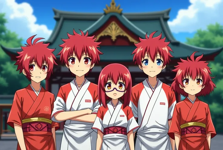 ces une grande famille  de 5 fréres adolescent sauvage charismatique et une mère.japonais de l'anime najiro soccer drive 2.
ont tous cheveux rouge et orange 
yeux ecarlate stylé artificiel.
porte des yukata rouge et blanc 
sont devant un temple.avec ecrit ...