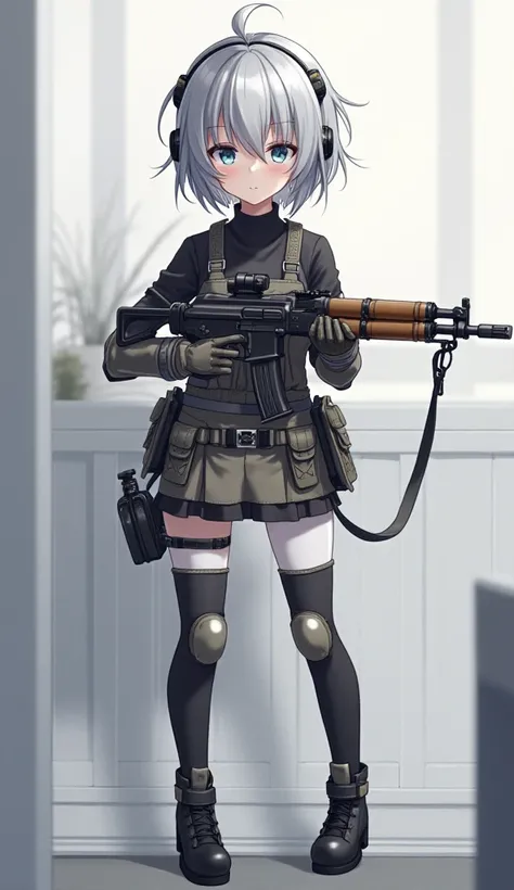  girl ,  Anime style , ash hair,  blue eyes ,  short hair, messy bun,, in the hands of an ak-74 with a collimator sight,  white stockings, knee pads , black top,  open torso,  bib with pockets,  tactical headphones ,  tactical belt ,  black high-heeled boo...