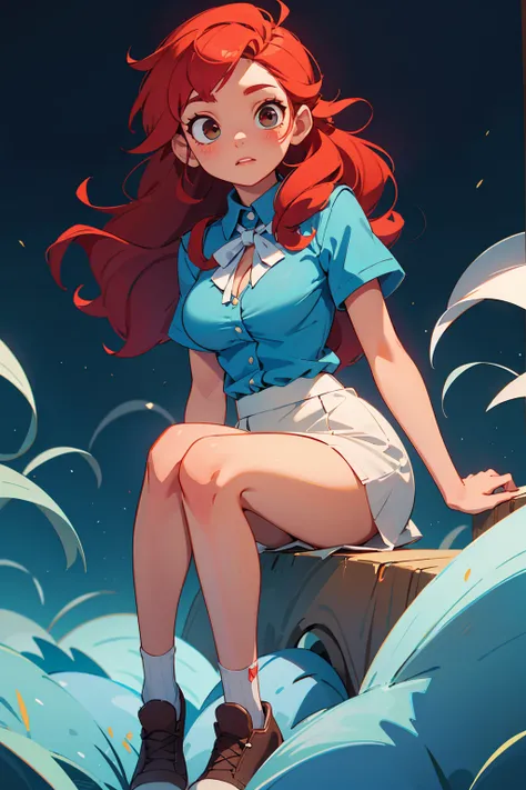 Busty coil haired red head college girl wearing a light blue shirt and knee length white skirt