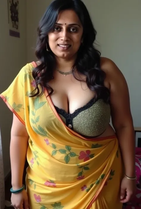 Indian hot curvy slightly chubby Bhabhi leaning forward and bending down.wearng light Yellow colour salwar with Green and red leaf patterns and ((dark Pink colour leggings)). Her huge cleavage is visible while she is leaving forward. Huge U shape cleavage ...