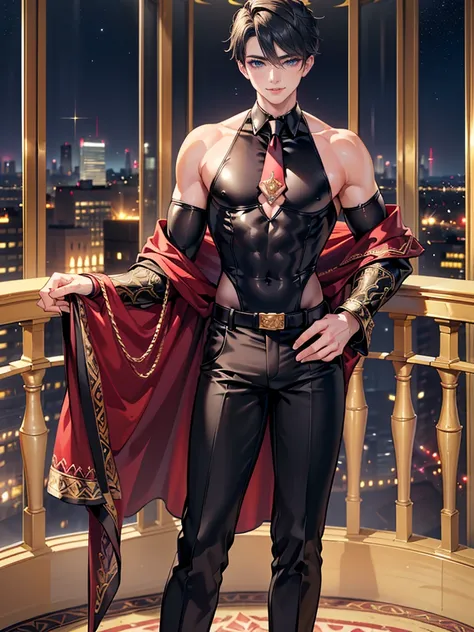 (masterpiece,best quality,ultra_detailed,highres,absurdres), (detailed shadow), (quality light),1 (mature_male:2.0) (with bulge:1.2), (slanty_eyes), 30-ish, (muscleale focus, solo), short black Quiff hair with Soft Fringe (bangs part on side 3:7 ratio), bl...