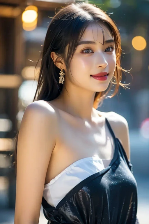 (( Masterpiece)), (( top quality)), ( beautiful girl), Perfectly detailed eyes,  perfectly detailed face,  super detailed nose, 開いた口,   perfect teeth,  bare shoulders,  charming,  perfect face , dimples on cheeks ,   depth of field on the shoulder,  Hi-Res...