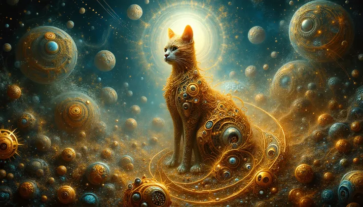 A serene, yet captivating digital artwork, blending the paradoxical harmony of chaos and order, reminiscent of the surrealist masterpieces of Salvador Dali, H.R. Giger, and Zdzisław Beksiński. A luminous, otherworldly cat figure, draped in a flowing, diaph...