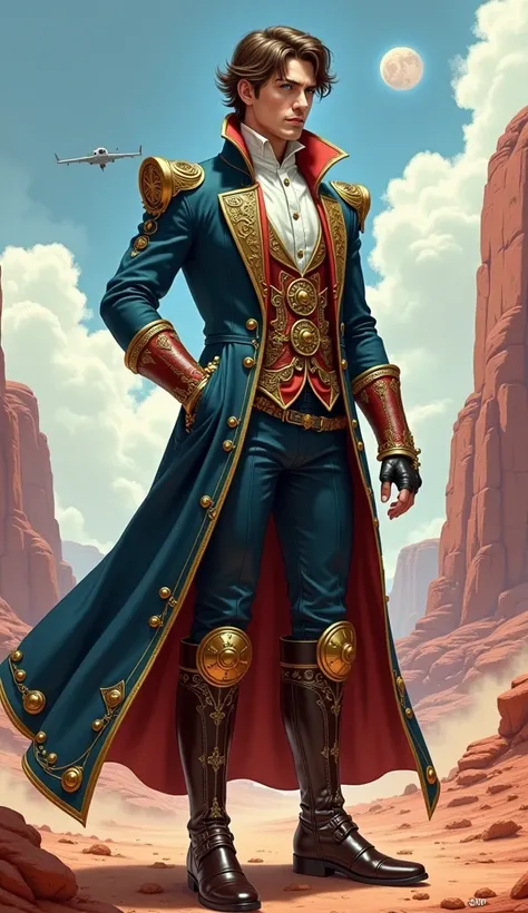  Create a detailed steampunk illustration of a tall and strong white Caucasian male lord.  He has disheveled brown hair ,   bright blue eyes  ,  status and pale skin with exquisite ,  elegant appearance . He is dressed in elegant ,  with a custom-made outf...