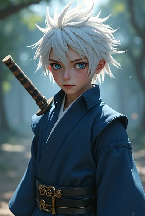 Yukihiko takita a  boy Japanese white hair and blue eyes and white skin and has freckles and is a ninja prodigy ninja master from the takita clan  and the Arashikage clan ninja warrior