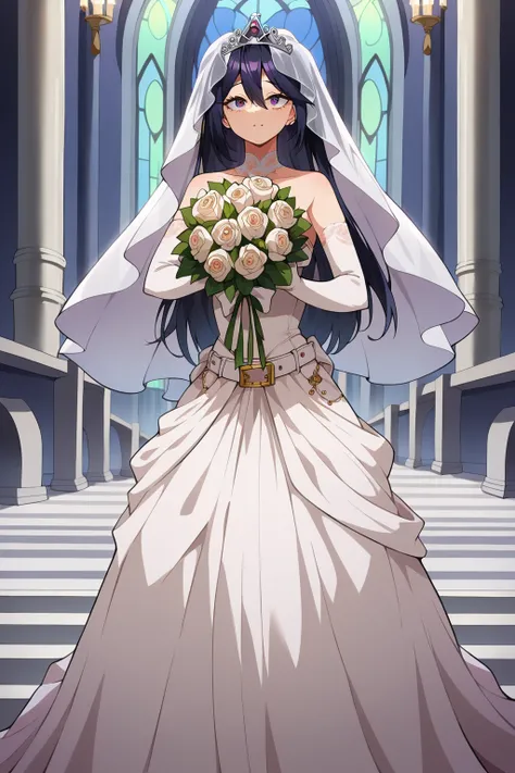 score_9, score_8_up, score_7_up, Midnight, solo, , wearing a white satin ballgown wedding dress, opera gloves, veil, tiara, bow belt, holding bouquet, walking down the aisle in a grand cathedral, (masterpiece), best quality, expressive eyes, perfect face, ...