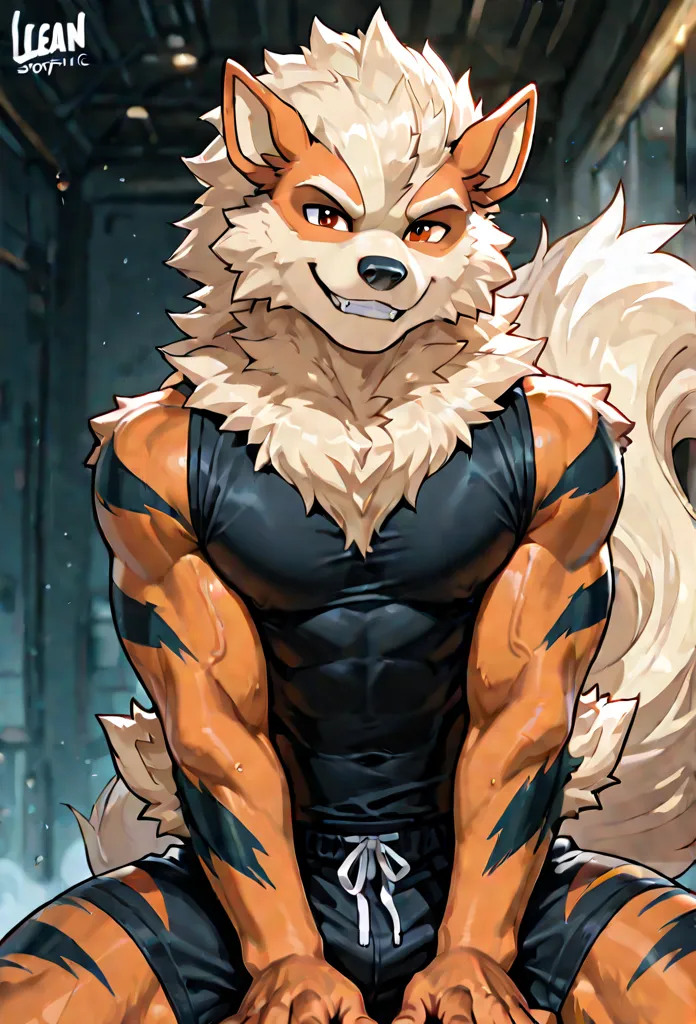 Solo, male arcanine (fluffy fur, lean body, anthropomorphic arcanine, tall, dominant, muscular, smiling) clothed, accurate anatomy, arcanine looking at viewer seducticely, on top of viewer, femboy