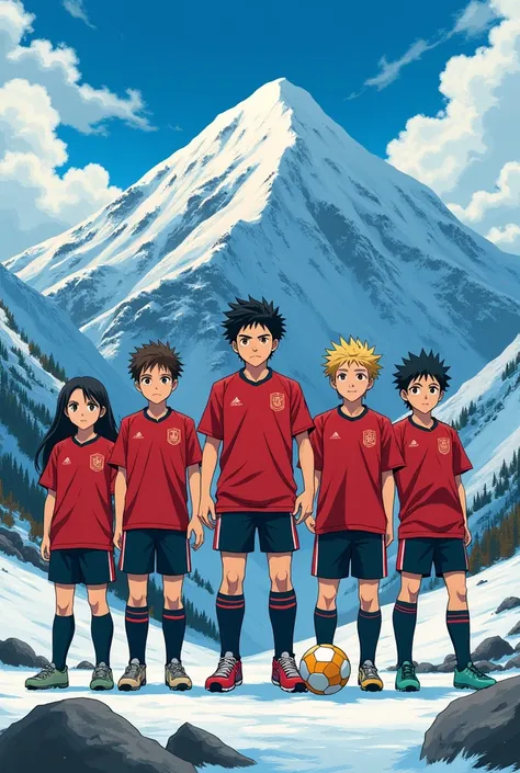 5 frères et une mère footballeur japonais cheveux rouges et noir yeux jaunes perçants 
affiche anime nojiro soccer drive saison 2 en gros titres art à éditeur en yukata 
sont dans devant manoir sur une gigansteque montagne 