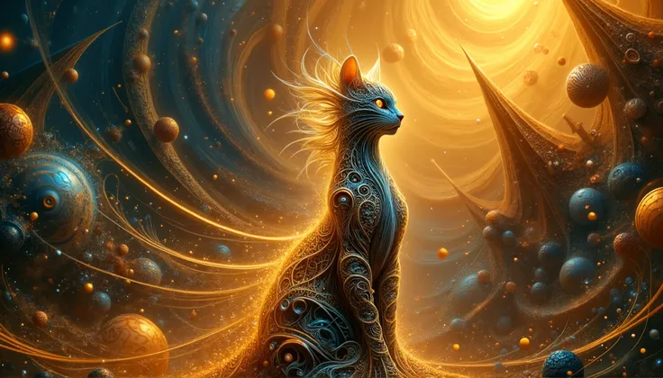 A serene, yet captivating digital artwork, blending the paradoxical harmony of chaos and order, reminiscent of the surrealist masterpieces of Salvador Dali, H.R. Giger, and Zdzisław Beksiński. A luminous, otherworldly cat figure, draped in a flowing, diaph...