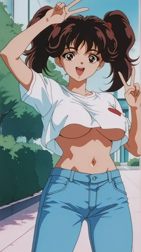 sysdeep_Tomoko,cowboy shot,Outdoors,( dark brown hair ), twin tails, dark eyes,   Anime Coloring ,   retro art style, gal, 1 girl, big smile , t-shirts, jeans,navel,(Big Breasts:1.2),underBoobs,Making a peace sign