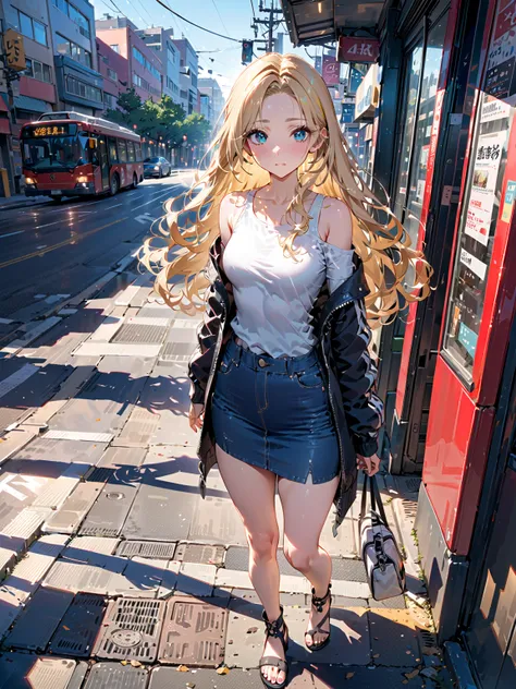 pretty asian-american woman ,holding a plastic backpack, and walking along sidewalk, around city street 's bus stop, BREAK, ( forehead, long wavy hair, black hair, (blonde streaked hair, blonde hilighted hair, blonde ombre, 2 colored tone hair)), BREAK, ( ...