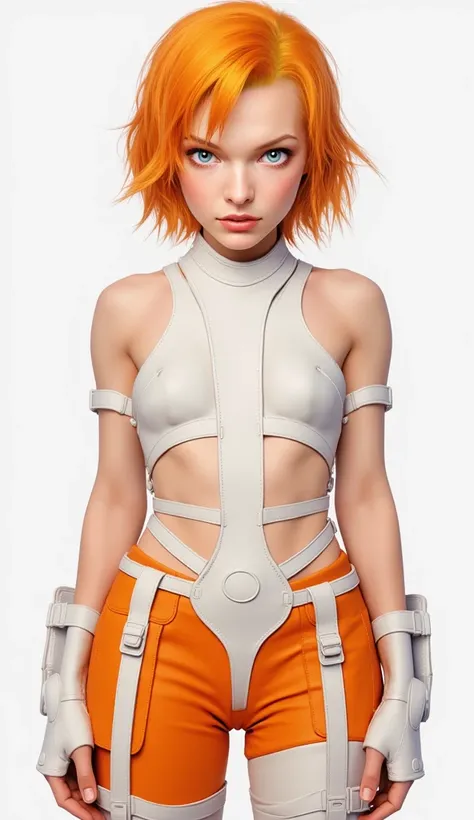 Create a realistic depiction of Leeloo from The Fifth Element, focusing on her striking appearance and distinctive features. She has shoulder-length, bright orange hair, styled in a slightly messy, choppy bob, with individual strands appearing slightly tex...