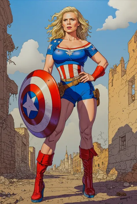 Hayley wearing captain america costume.  Dynamic superhero pose. Massive breasts,Holding captain anericas shield, On a ww2 battlefield 