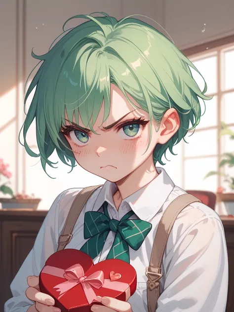 Very angry   , a girl, Alone, blush,  short hair,  green hair,  frowns , angry, Delivering a Valentine's Day letter 