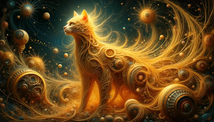 A serene, yet captivating digital artwork, blending the paradoxical harmony of chaos and order, reminiscent of the surrealist masterpieces of Salvador Dali, H.R. Giger, and Zdzisław Beksiński. A luminous, otherworldly cat figure, draped in a flowing, diaph...