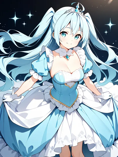 Richil, 1girl, long hair, two side up, ahoge, light blue hair, aqua eyes, fair skin, skinny, slim legs, petite, {medium breasts}, {{{large breasts}}},{{{smile}}}, {{{solo}}}, {{{{masterpiece}}}}, {{{best quality}}}, {{{high quality}}}, {{{princess costume}...