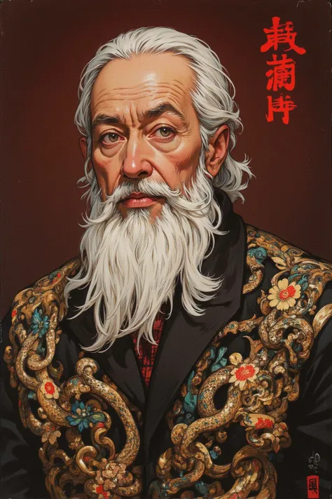   pictures inspired by Kubrick movies ,  a picture of an old man from the Chinese Mafia , an image of an old man around 70 years old , white long beard with white hair , well-groomed style ,A slight smile around the mouth , expressionless, high quality cus...