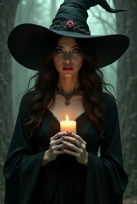 Create an image of a white woman with green eyes and dark hair holding a scented candle dressed as a witch