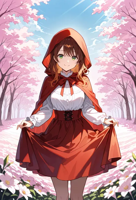 masterpiece, best quality, high resolution, absurdres, incredibly detailed, flawless, score_9, score_8_up, score_7_up,
1girl, Little Red Riding Hood, wearing a classic red hood and cape, with a white blouse and a simple red skirt. She has long wavy brown h...