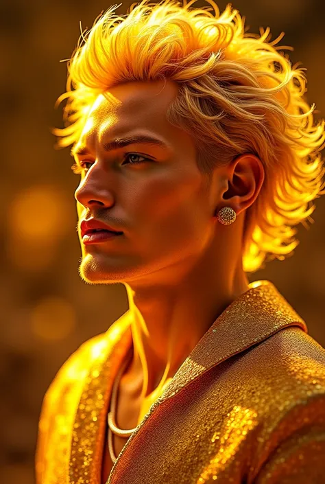 • Leo  ( The Sovereign of Brilliance )
 • Appearance :  impressive,  with golden hair and a glowing aura .  His skin seems gold-plated .
 • Style : Glam Rock,  maximalist and luxurious ,  with ostentatious jewelry .