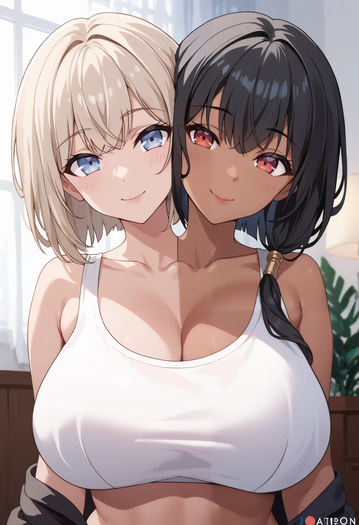 2heads, twoheads, a tall thin woman with 2 heads, white hair, black hair, blue eyes, red eyes, half dark skin and light beige skin, two tone skin, light beige skin, dark skin, black underwear, large breasts, front shots, bedroom, upper body,