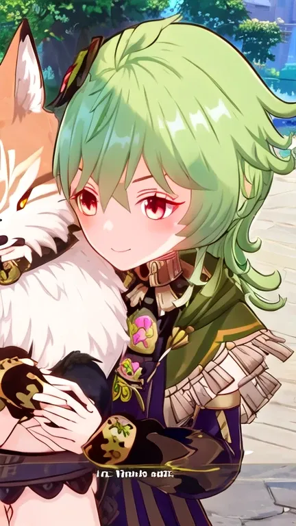 Two characters, Human girl, Collei, green hair, cute, happy, smiling, girl hugging a pink feral fox, pink fox