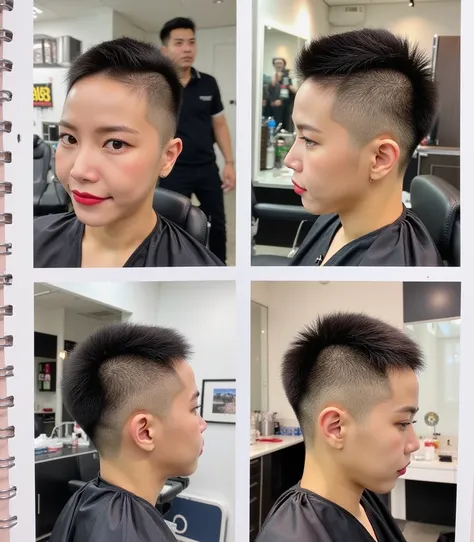  Contact sheet with 4 images of a woman "Solar - MAMAMOO", preparing for the men inspired haircut, from happy super long to Sad super super short Spiky buzzcut with a "High fade" undercut and a side shave, cropped hair, very extreme short hair, sides skin,...