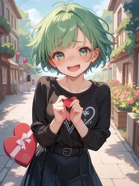 Very embarrassed ,  black shirt,  black skirt, a girl, Alone, blush,  short hair,  green hair, happy, Delivering a Valentine's Day letter 